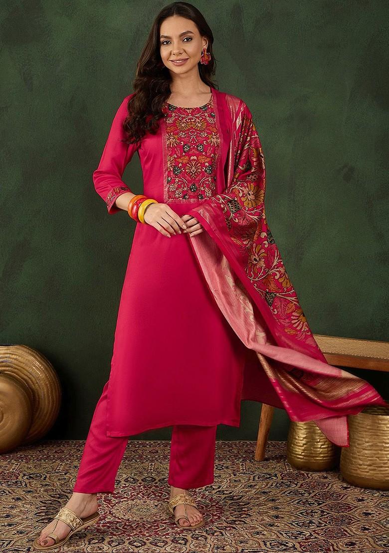 Pink Printed Blended Kurta Set - Indya