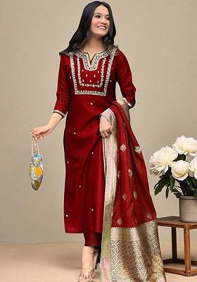 Maroon Embroidered Blended Kurta Set