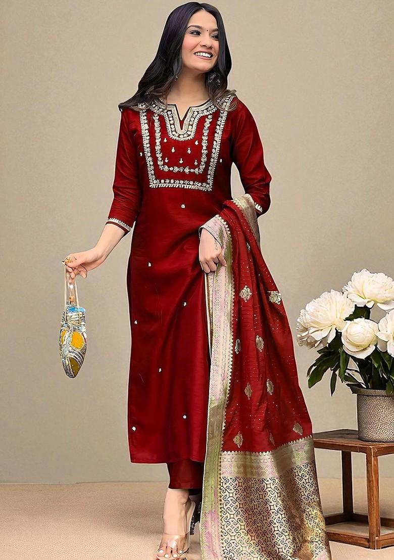 Maroon Embroidered Blended Kurta Set - Indya