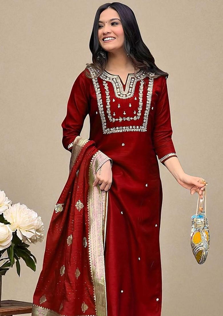 Maroon Embroidered Blended Kurta Set - Indya