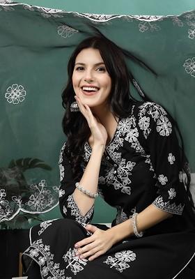 Black Embroidered Blended Kurta Set