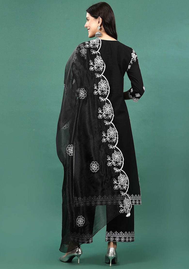 Black Embroidered Blended Kurta Set - Indya