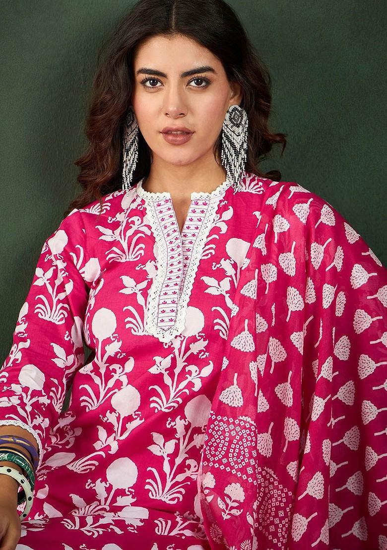 Pink Printed Blended Kurta Set - Indya