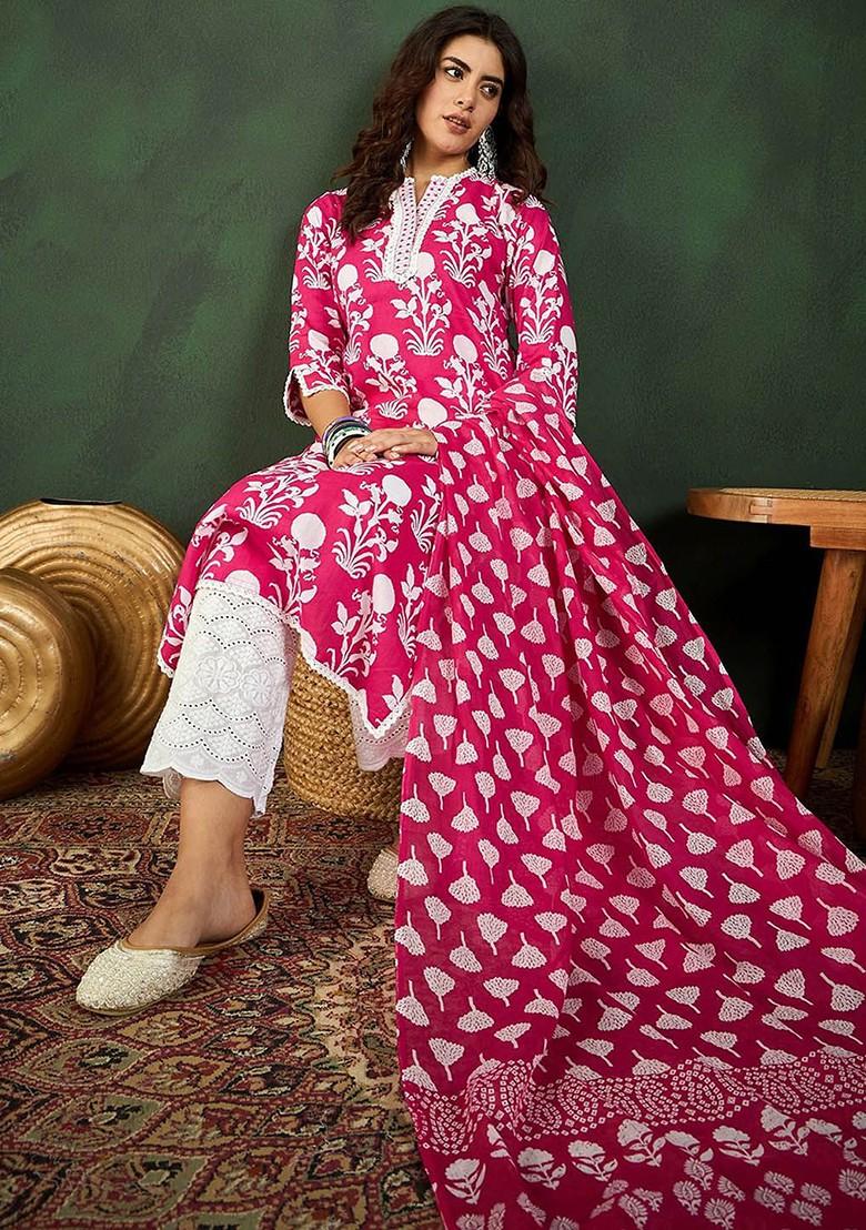 Pink Printed Blended Kurta Set - Indya
