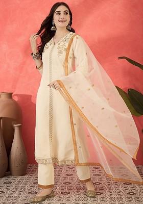 Off White Embroidered Blended Kurta Set