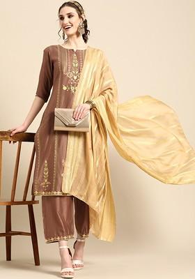 Coffee Brown Printed Blended Kurta Set