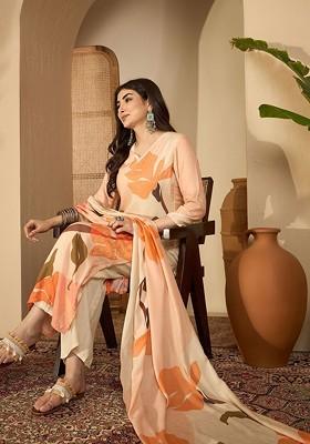 Peach Printed Blended Kurta Set