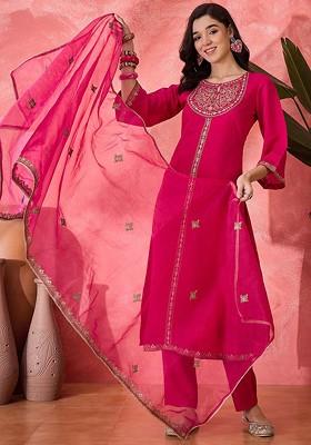 Pink Embroidered Blended Kurta Set