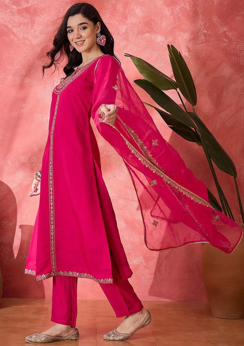 Pink Embroidered Blended Kurta Set - Indya
