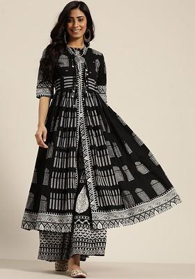 Black Printed Blended Kurta Set