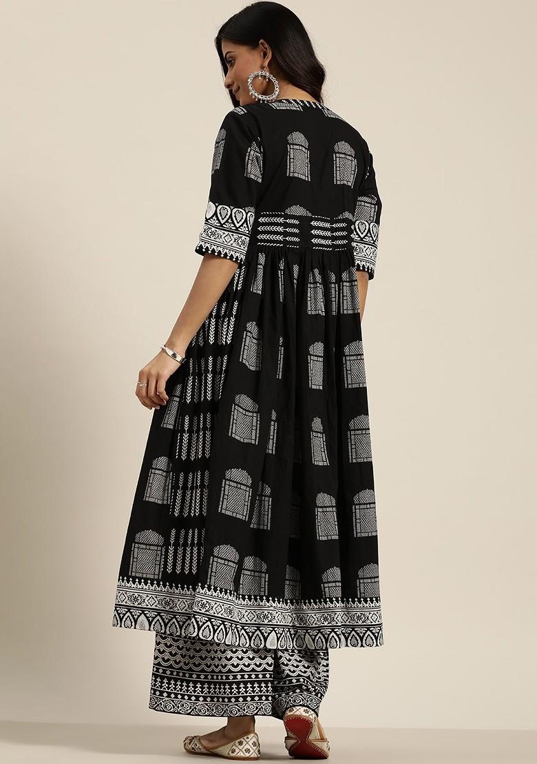 Black Printed Blended Kurta Set - Indya