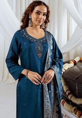 Teal Embroidered Blended Kurta Set
