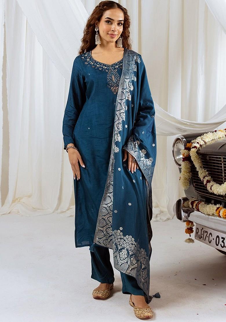 Teal Embroidered Blended Kurta Set - Indya
