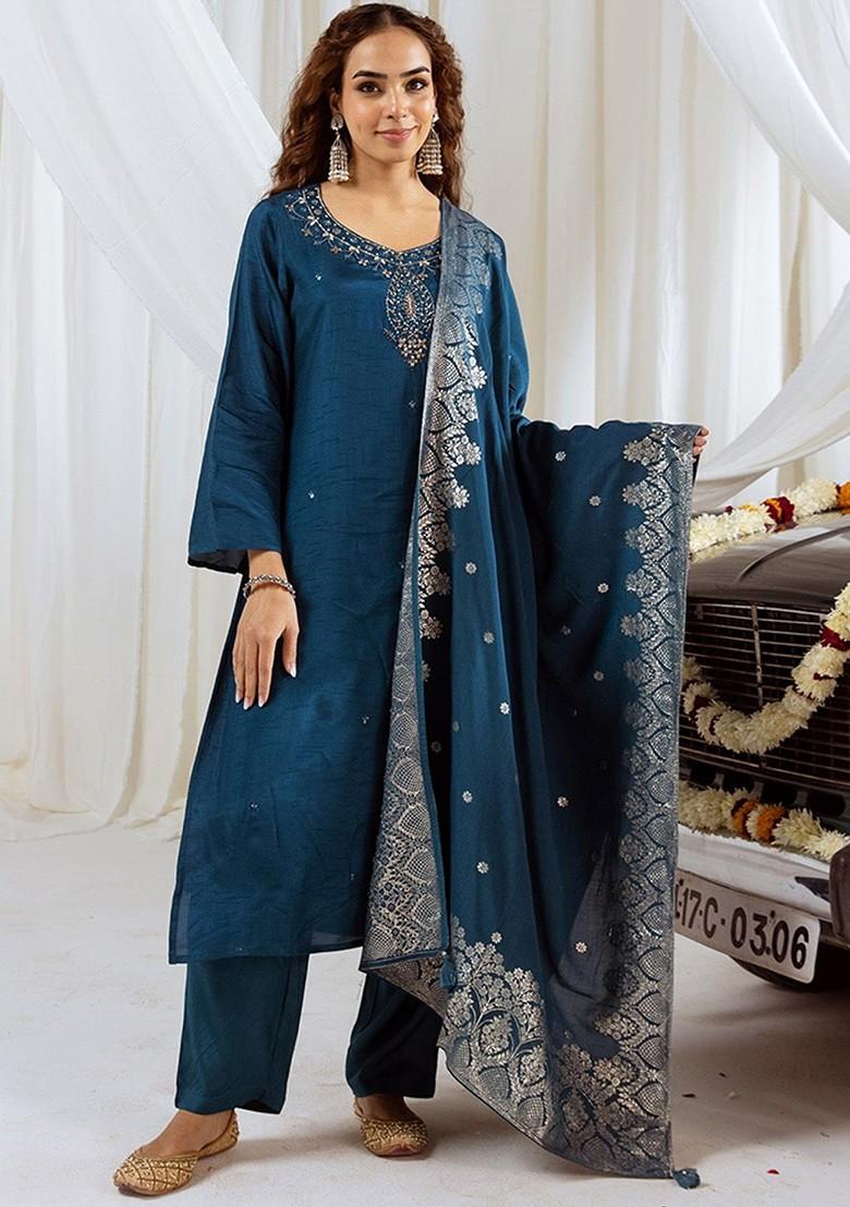 Teal Embroidered Blended Kurta Set - Indya