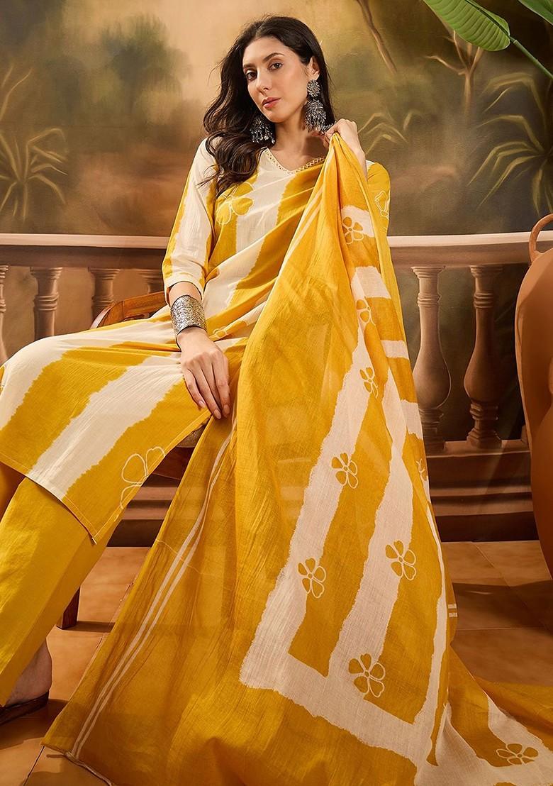 Yellow Printed Blended Kurta Set - Indya