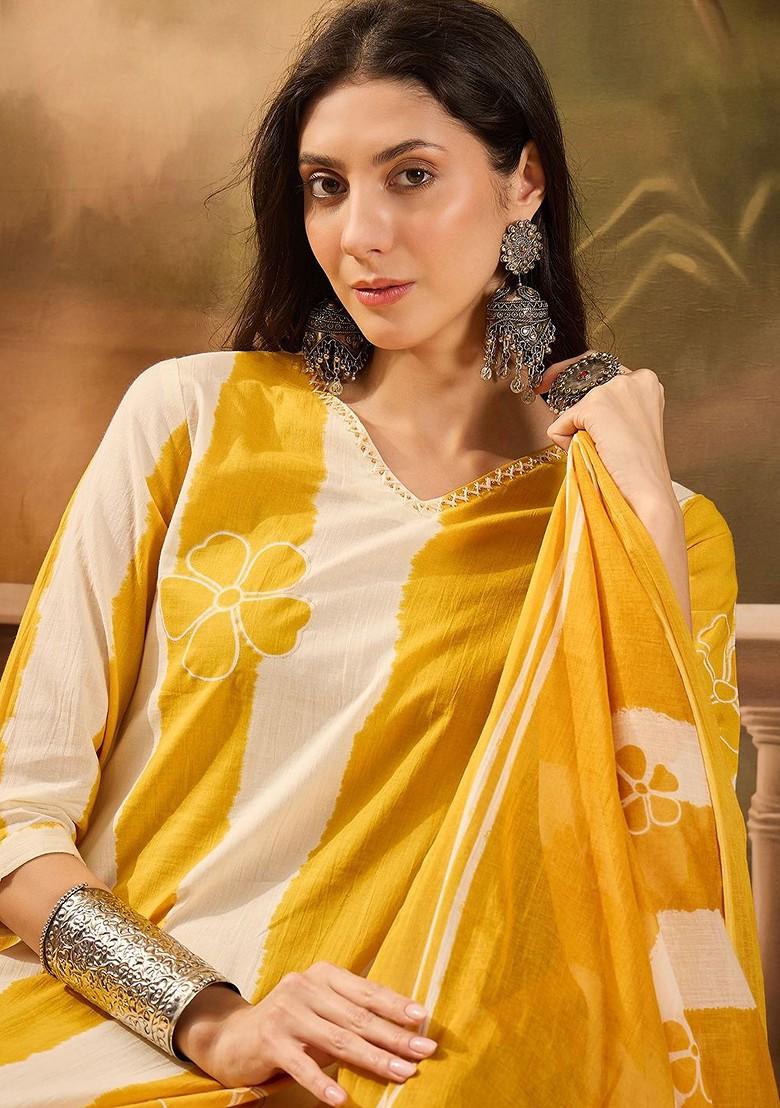 Yellow Printed Blended Kurta Set - Indya