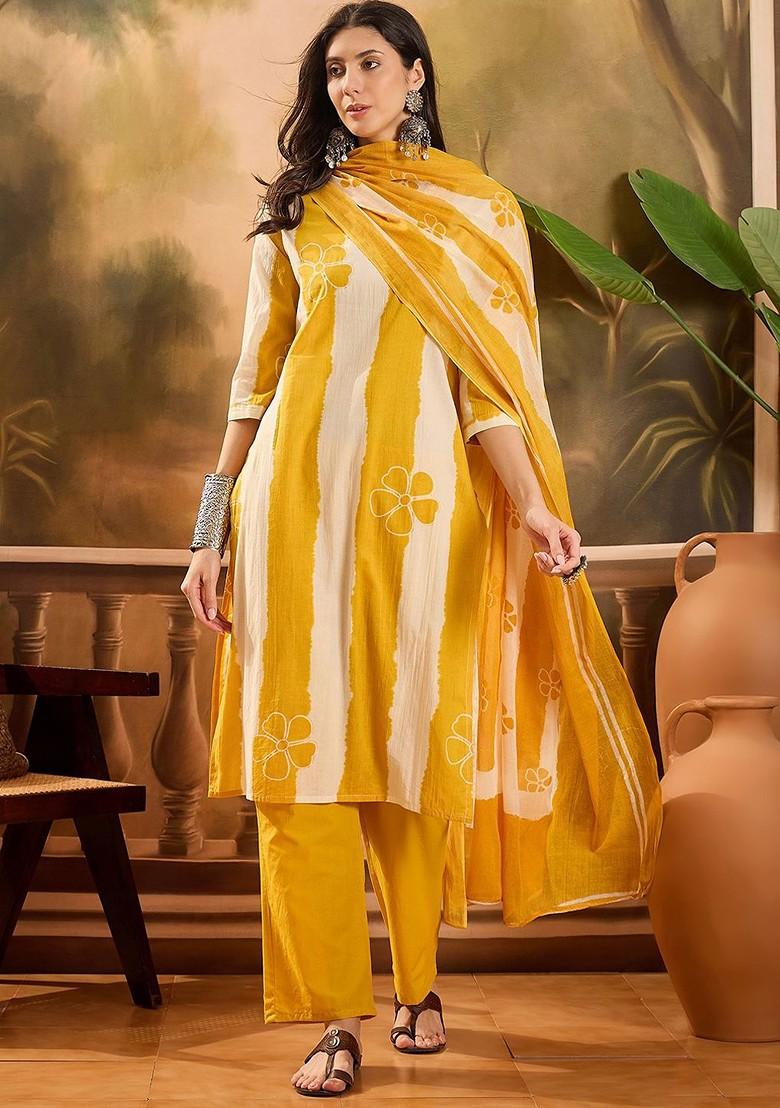 Yellow Printed Blended Kurta Set - Indya