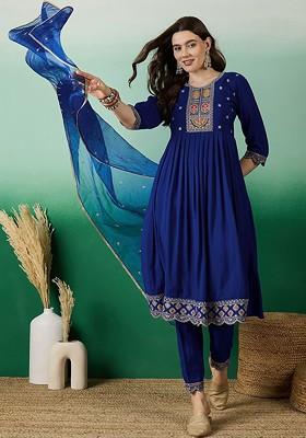 Blue Embroidered Blended Kurta Set