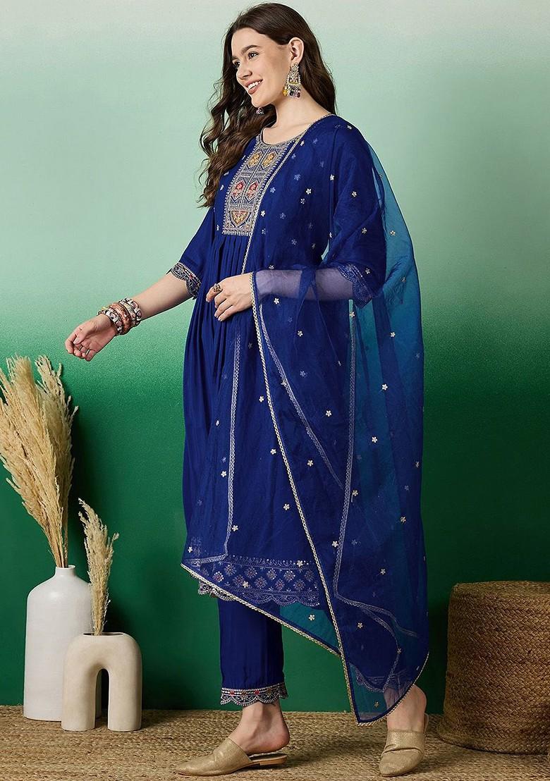 Blue Embroidered Blended Kurta Set - Indya