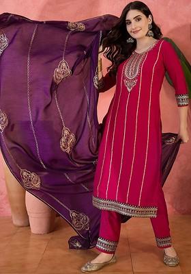 Pink Embroidered Blended Kurta Set