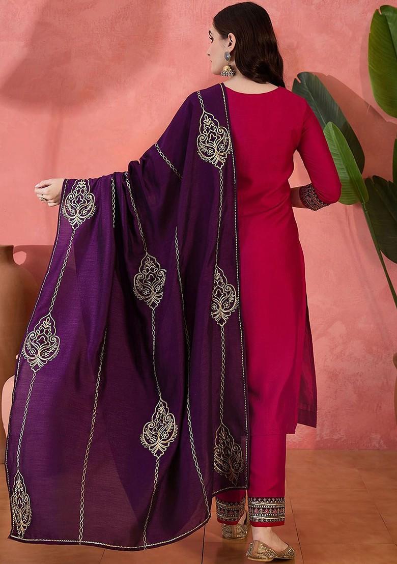 Pink Embroidered Blended Kurta Set - Indya