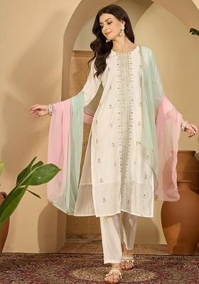 White Embroidered Blended Kurta Set