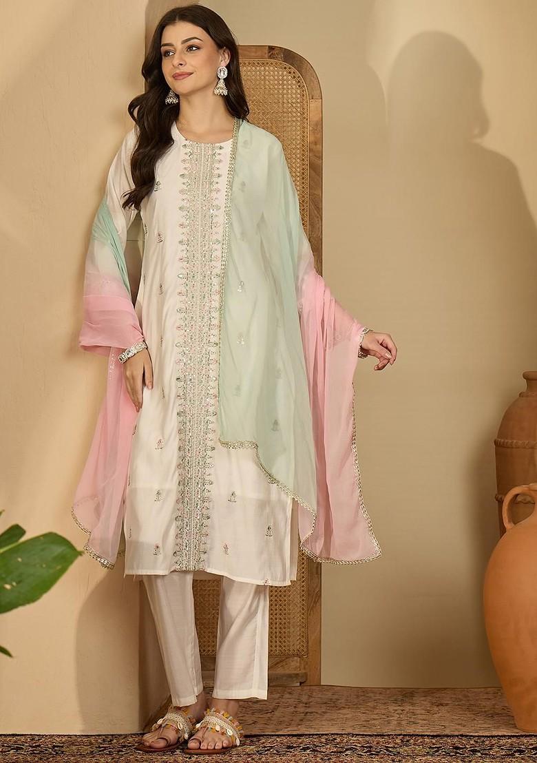 White Embroidered Blended Kurta Set - Indya