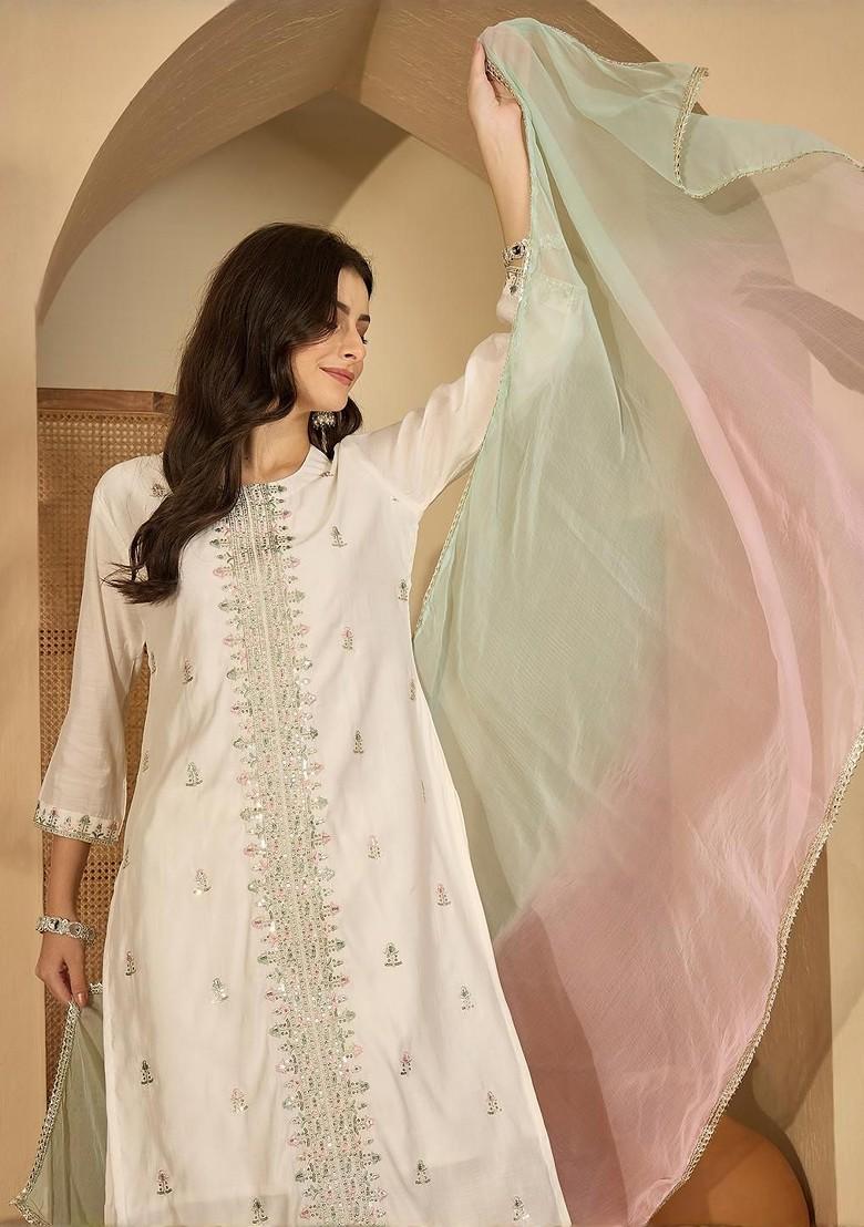 White Embroidered Blended Kurta Set - Indya
