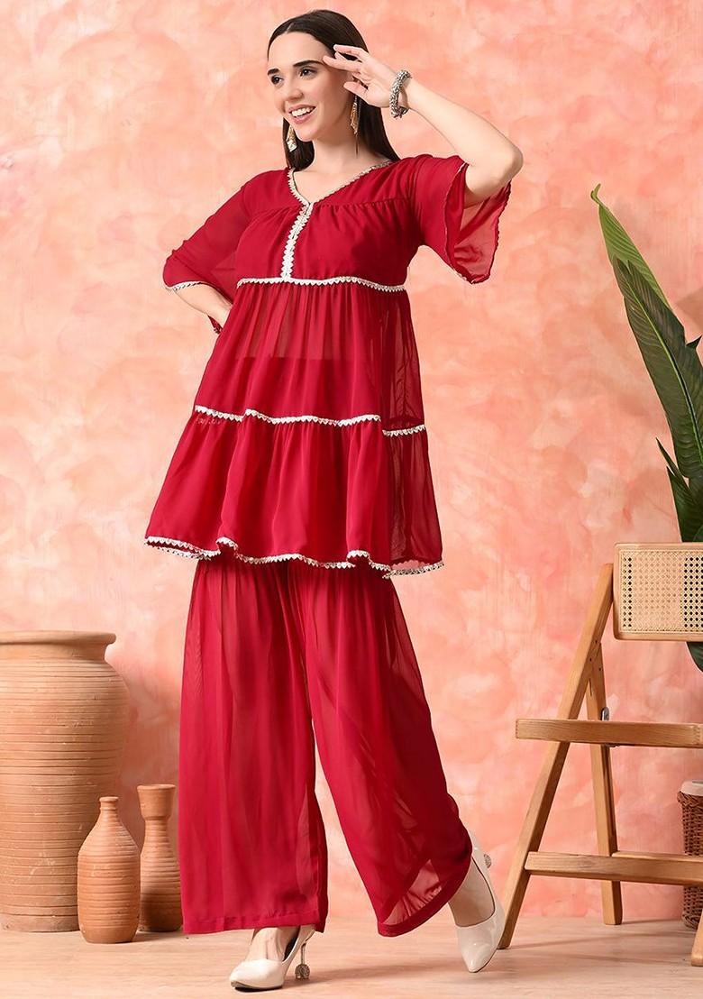 Red Embroidered Blended Kurta Set - Indya