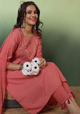 Peach Embroidered Blended Kurta Set