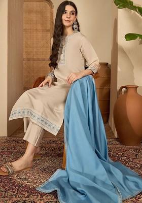 Beige Embroidered Blended Kurta Set