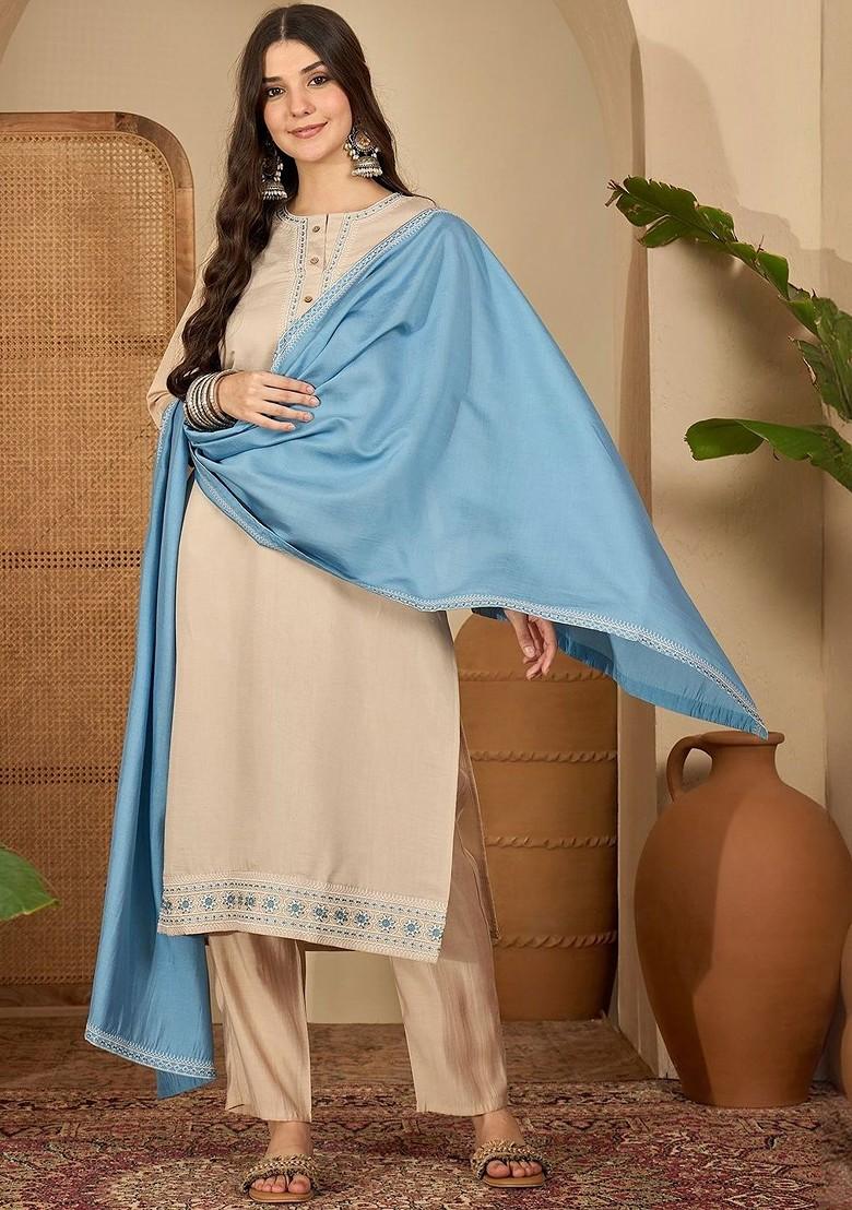 Beige Embroidered Blended Kurta Set - Indya