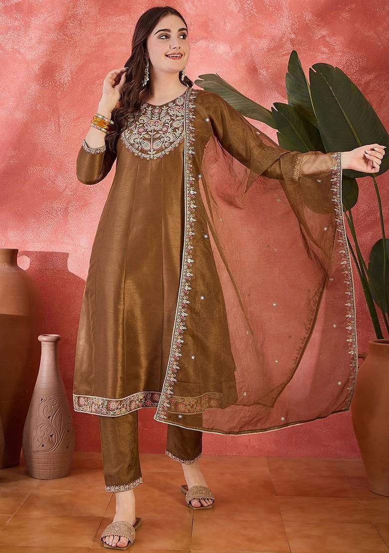 Brown Embroidered Blended Kurta Set - Indya