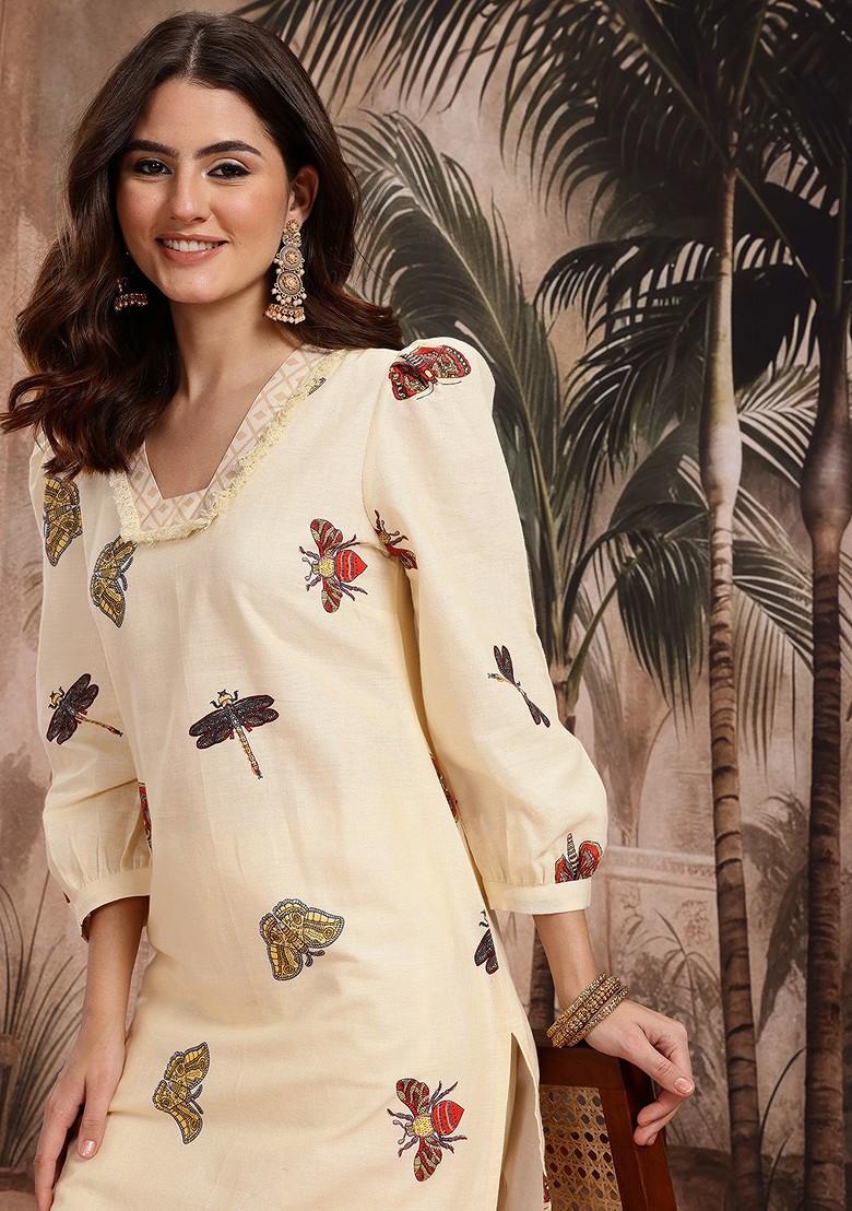 Yellow Printed Blended Kurta Set - Indya