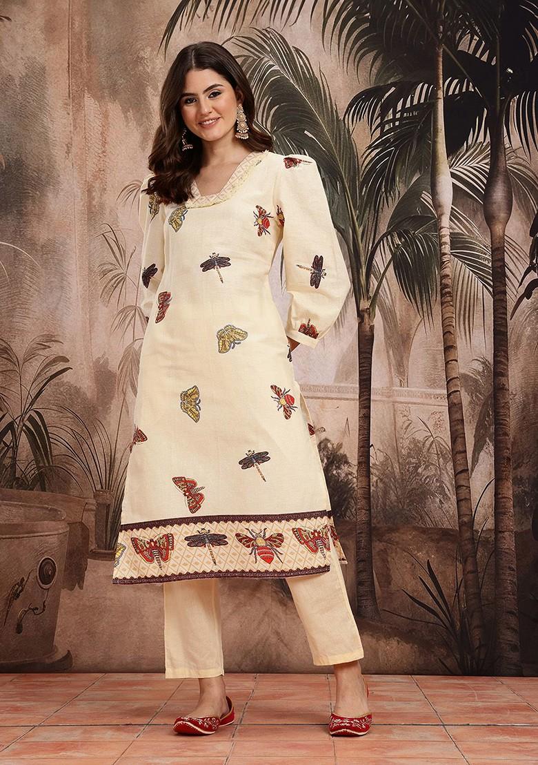 Yellow Printed Blended Kurta Set - Indya