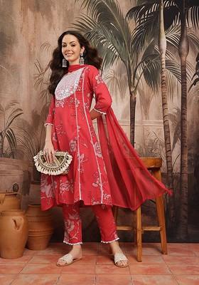 Pink Printed Blended Kurta Set