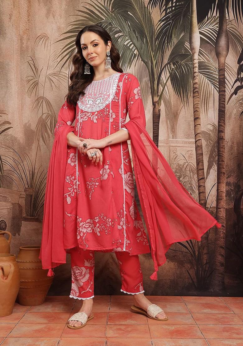 Pink Printed Blended Kurta Set - Indya