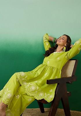 Lime Green Embroidered Blended Kurta Set