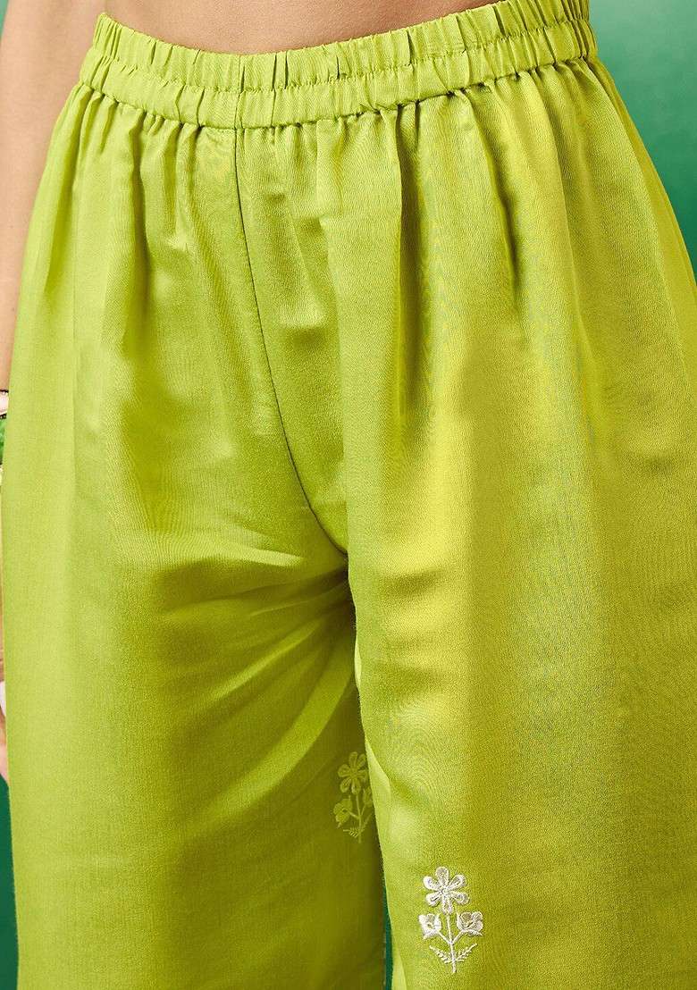 Lime Green Embroidered Blended Kurta Set - Indya