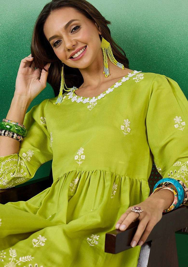 Lime Green Embroidered Blended Kurta Set - Indya