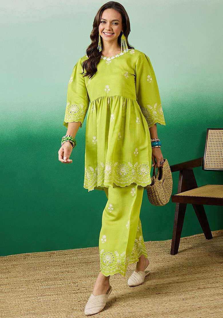 Lime Green Embroidered Blended Kurta Set - Indya