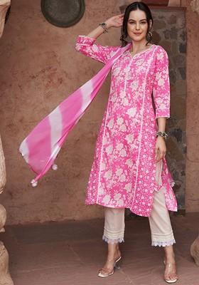 Pink Printed Blended Kurta Set