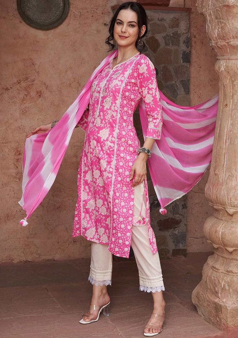Pink Printed Blended Kurta Set - Indya
