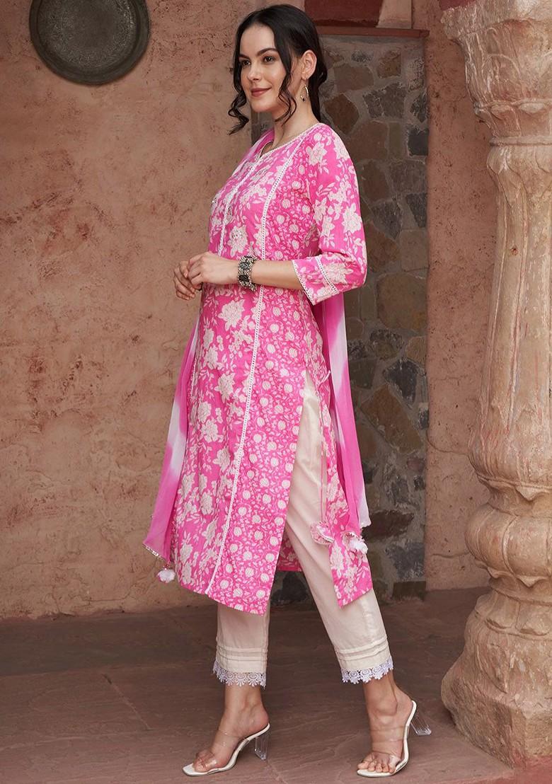 Pink Printed Blended Kurta Set - Indya