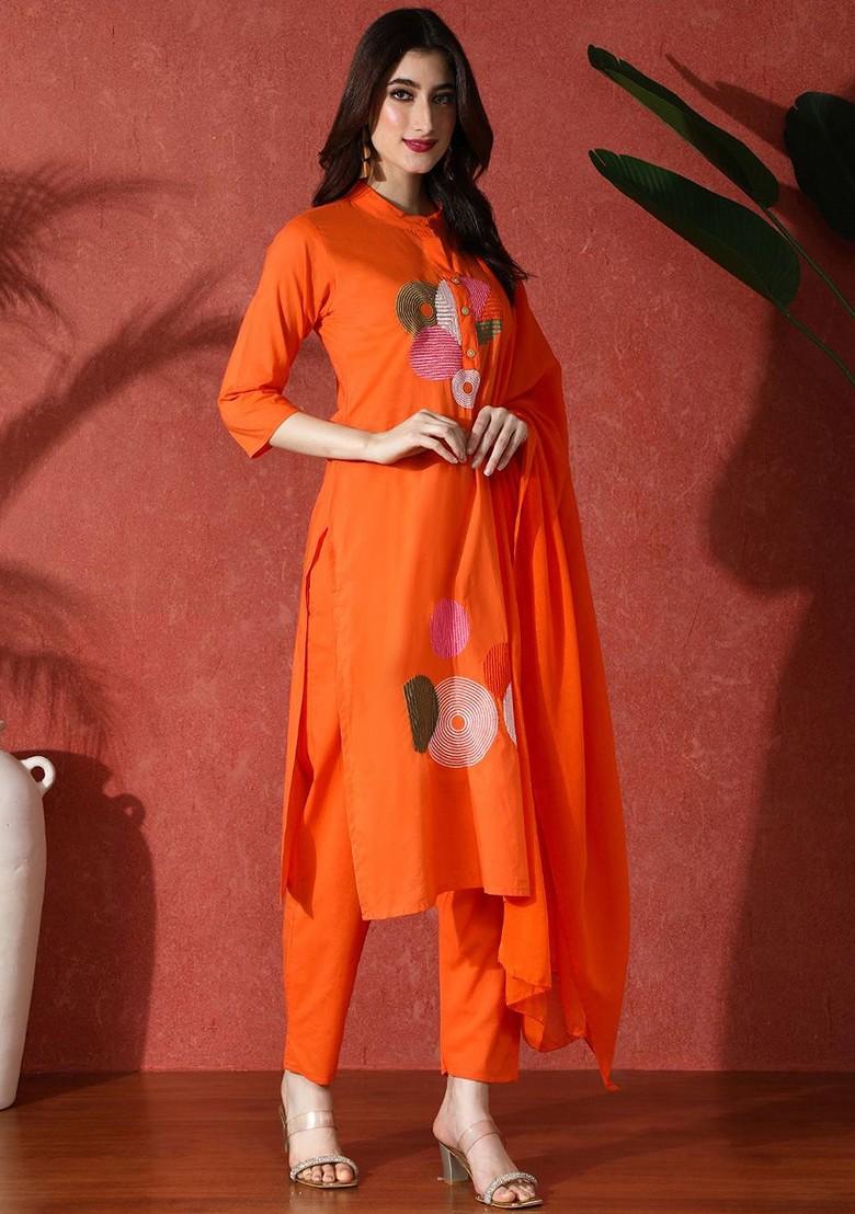 Orange Embroidered Blended Kurta Set - Indya