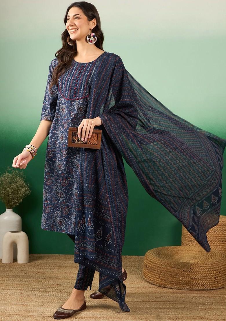Navy Blue Printed Blended Kurta Set - Indya