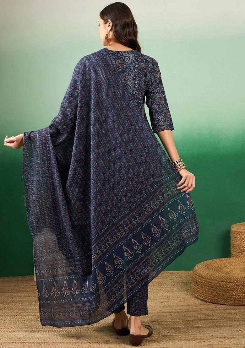 Navy Blue Printed Blended Kurta Set - Indya