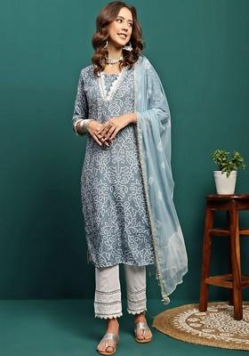 Grey Printed Blended Kurta Set