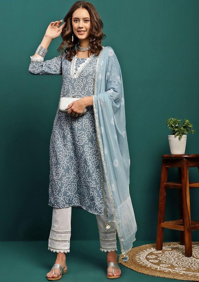 Grey Printed Blended Kurta Set - Indya
