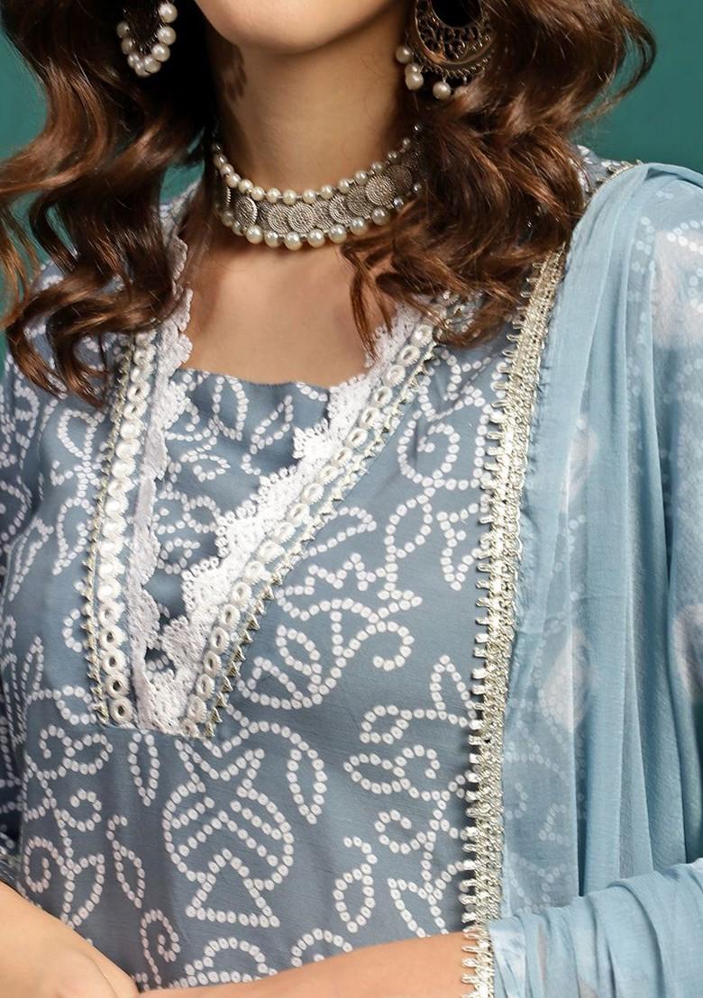 Grey Printed Blended Kurta Set - Indya